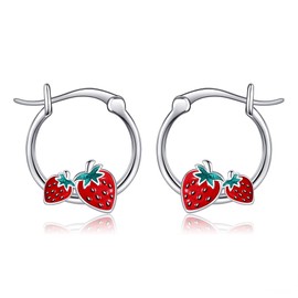 Strawberry Hoop Earrings Sterling Silver Fruit Mother's Day Jewelry for Women