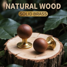 GUDBRUZ Wood Knobs with Solid Brass Base Gold Cabinet Hardware Modern Round Handles Walnut Pull for Kitchen Drawers Cabinets Vanity