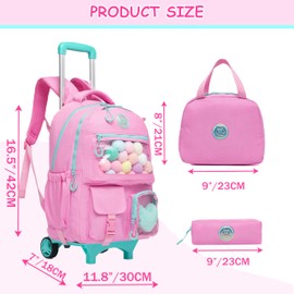 Oruiji Rolling Backpack for Girls Backpack with Wheels Cute Kid Rolling Backpack with Lunch Bag Pencil Case Kids Suitcases for Girls School Supplies for Elementary Primary School 8-12 Girls