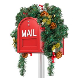 Artificial Christmas Swag Mailbox Swag with Green Pine Needles Pine Cones and Red Berries Greenery Faux Pine Swag Winter Decorative Swag for Christmas Holiday Party Outdoor Decorations, 35 Inch Length