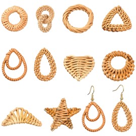Ipotkitt 10 Pcs 10 Styles Handmade Reed Cane Rattan Woven Charms Geometric Triangle Moon Heart Round Charms Bohemian Rattan Charms for DIY Straw Wicker Braid
