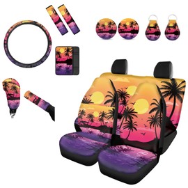 Forchrinse Hawaiian Palm Watercolor Sunset Beach Car Seat Covers for Women 14Pcs Auto Accessories Set with Steering Wheel Cover/Armrest Cover/Seatbelt Shoulder Pads/Handbrake Gear Shift Cover