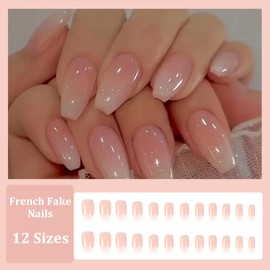 Ceboic Pack of 24 Coffin Nails for Sticking, Medium, French Press On Nails Ballerina Pink Colour Gradient Fake Nails Artificial Nails, Square Acrylic Full Cover Fingernails for Sticking on for Women