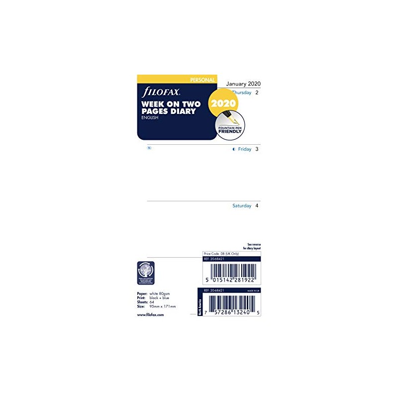 Filofax 2020 Personal/Compact Week to View Refill, English, Jan 2020-