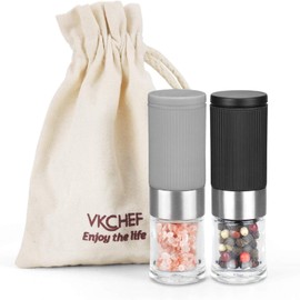 VKCHEF Pepper Mill, Mini Salt Mill, Pepper Mill, Rock Salt Mill, Light Seasoning Mill, Ceramic, Small, Portable, Spice Mill, Coarse & Fine Adjustment, Includes Storage Pouch, Portable, Convenient, Condiment Container, Small, Pepper Mill, Set of 2, Campin
