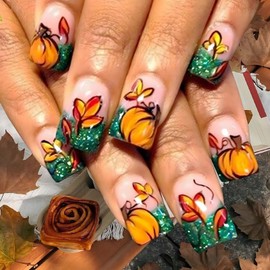 24Pcs Thanksgiving Press on Nails Medium Square Glitter Fake Nails With Glue Green Sequins Maple Leaf Pumpkin Stick on Nails Reusable Full Cover Acrylic Nails for Women Autumn Nail Supplies