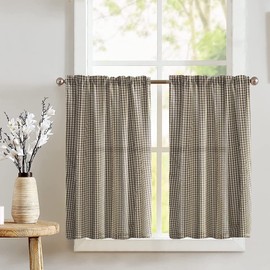 lovemyfabric Light Weight Cotton Decorative 1/8th Inch Small Checkered Plaid Print Café Tier Curtains Window Treatment/Window Décor (Tier Curtains 27" Wide / 36" Tall, Brown)