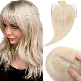 Elailite Hair Topper Extensions Women Toupee with Bang 100% Remy Real Hair 7 x 13 cm Base Clip in Hair Thickening #60 Platinum Blonde - 35 cm