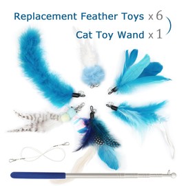 SONGWAY Cat Feather Toys Wand - 7 Pcs Interactive Cat Toys for Indoor Cat Kitten, Retractable Cat Wand Toy with 6 Feather Teaser Refills with Bell, Cat Fishing Pole Toy, Blue