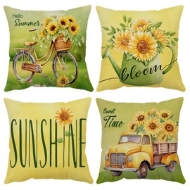 Sunflower Pillow Covers 16x16 Set of 4 Soft Velvet Summer Throw Pillow Covers Yellow Flower Pillow Covers Cushion Covers Square Pillow Cases for Sofa Couch Patio Outdoor Home Decorations(16)