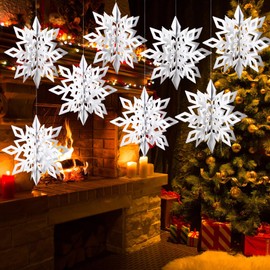 Riceshoot 8 Pcs 12'' Large Snowflakes Ornaments 3D Paper Snowflake Garland Hanging Decoration Oversized Winter Glitter Decor for Christmas Tree Winter Party Indoor Outdoor Craft Holiday(White)