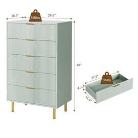 Green Dresser, Modern 5 Drawer Dresser for Bedroom with Gold Handle and Large Drawer, Wood Double Chest of Drawers and Storage Organizer for Living Room, Hallway, Entryway