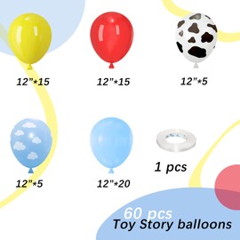 Toy Inspired Story Balloons, 60pcs 12 Inches Cow Pattern Cloud Yellow Red Blue with 1 Ribbon for Birthday Baby Shower Toy Inspired Story Themed Party Decorations