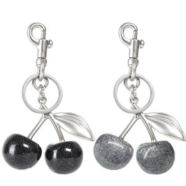 COOLANS 2 Set Cute Cherry Bag Charm,Apple Key Ring Clip Handbag Charm,Fruit Novelty Pendant,Purse Decor Keychain for Woman(Black & Grey Cherry/Silver Keychain 2PCS)