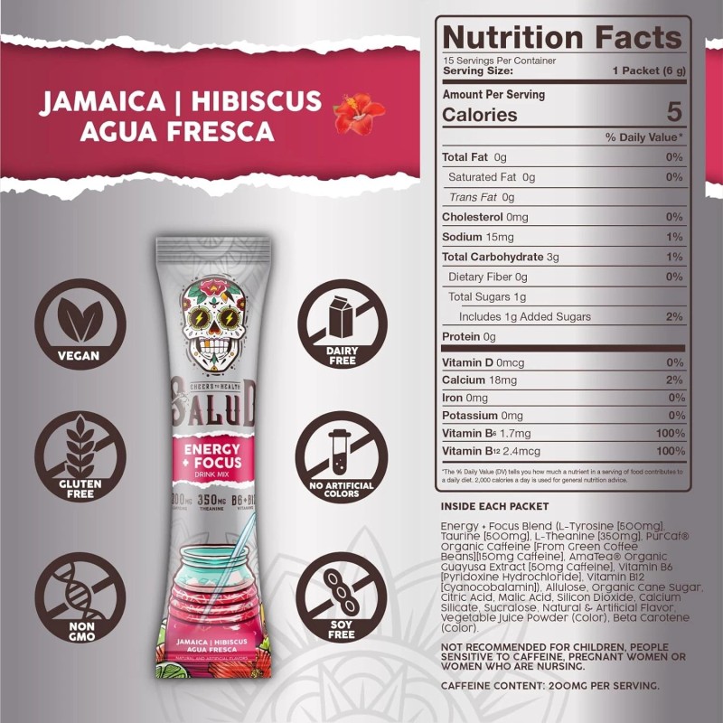 Salud 2-in-1 Energy Drink Powder + Focus, Hibiscus, Organic Caffeine,
