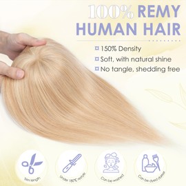 TESS Real Hair Toppers For Women UK Human Hair For Thinning Hair With Bangs Fringe Mono Base Natural Crown Hairpiece Short - #18P613 Ash Blonde & Bleach Blonde - 06 Inch