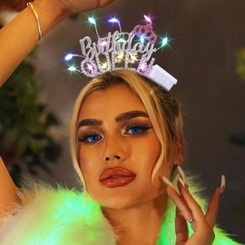 DRESBE Light Up Birthday Headband LED Rhinestone Birthday Queen Tiara Crown Headbands Birthday Party Hair Accessories for Women (Silver)