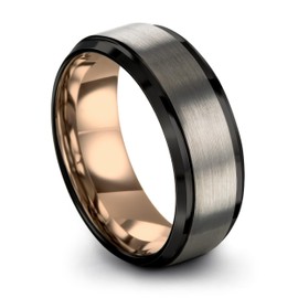 Midnight Rose Collection Tungsten Wedding Band Ring 8mm for Men Women 18k Rose Gold Grey Plated Step Bevel Edge Black Brushed Polished Size 9