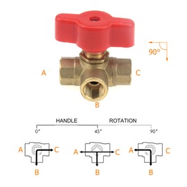 Coshar 3-Way Forged Brass Ball Valve T Shape Shut Off Thread Pipe Fitting, Red Plastic Handle, 1/4" (L-Port)