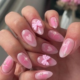 Pink Medium Press on Nails Almond Fake Nails 3D Bow Rhinestones Heart Acrylic Nails Pink Ombre Translucent Artificial Nails Cute False Nails for Women Girl 24 Pcs