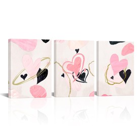sechars 3 Pieces Blush Pink and Black Wall Art Decor Abstract Love Heart Paintings for Girls Women Bedroom Bathroom Decorations Valentine's Day Gifts (Pink)
