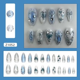 Blue Press on Nails Almond Fake Nails Silver Bow Heart with Rhinestone Design Star False Nail Pearl Stick on Nails Artificial Glossy Glue on Nail Full Cover Long Nail for Women Salon Manicure