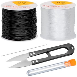 2 Pieces 0.8 mm Elastic Jewellery Thread 50 m Bracelet Rubber Band Elastic Transparent Rubber Thread Transparent Beads Thread for Bead Jewellery Bracelets Crafts with Bead Needle and Scissors