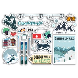 A5 Sticker Sheet Grindelwald Vinyl Stickers - Switzerland Swiss Ski Resort Mountains Snowboard Holiday Flag Travel Snow Sports Luggage Scrapbooking #79058