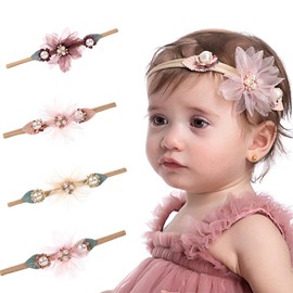 Wiwpar Gauze Flowers Headband Bead Headwear Elastic Adjustable Head Piece Girl's Hairbands for Toddler and Childrens (Pink)