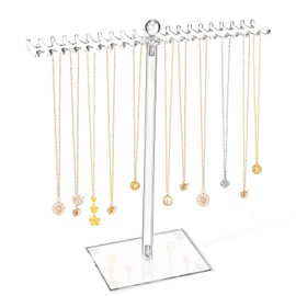 MOFASVIGI Acrylic Necklace Display Stand, Clear Hanging Jewellery Organiser Stand Holder Jewelry Organizer Display Hanger Rack with Bilateral Hooks for Necklaces Pendant Bracelets Ring 29 * 29 * 14CM