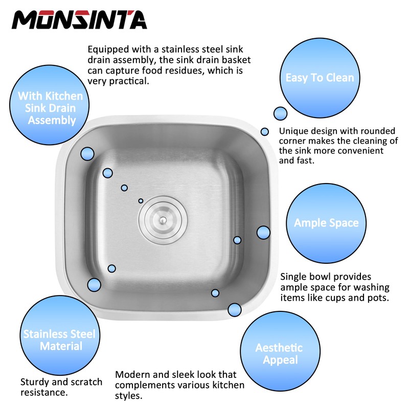 MONSINTA Bar Sink, 16" x 15" x 8" Undermount Kitchen