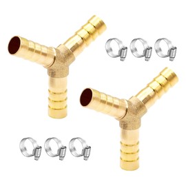 Tnuocke 2pcs Metaland Brass 5/16" Hose Barb 3 Way Union Fitting Y Shape Barbed Splitter Fitting Splicer with Hose Clamps for Water Fuel Air H-060-5/16