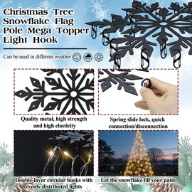 Christmas Tree Flag Pole Mega Topper Light Hooks Snowflake Metal Outdoor Flag Pole Tree Light Hanger with Double Spring 24 Hooks Kit for Hanging String Lights Festive Xmas Holiday Outdoor Decoration