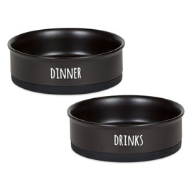 Bone Dry Ceramic Pet Bowls for Dogs & Cats Dishwasher & Microwave Safe, Non-Slip Bottom for Secure Feeding with Less Mess, Large Set, 7.5x2.4, Black, 2 Count