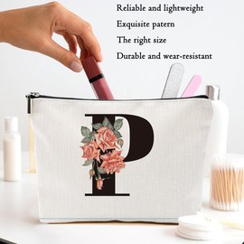 Rose Letter Initial P Makeup Bags for Women Lined Monogram Cosmetic Bag with Zipper Birthday Gifts for Women Girls Bridesmaid Best Friends Sisters, Travel Toiletry Bag, Wedding Gifts