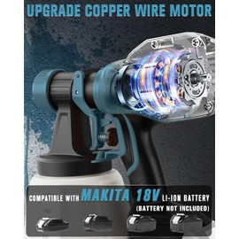 Houselife Cordless Paint Sprayer - Compatible with MAKITA 18V Battery (Tool Only), Electric Spray Paint Gun with 3 Spray Patterns & 5 Nozzles, 1200ml Tank, Easy for Fence, Furniture, Cabinets, Doors