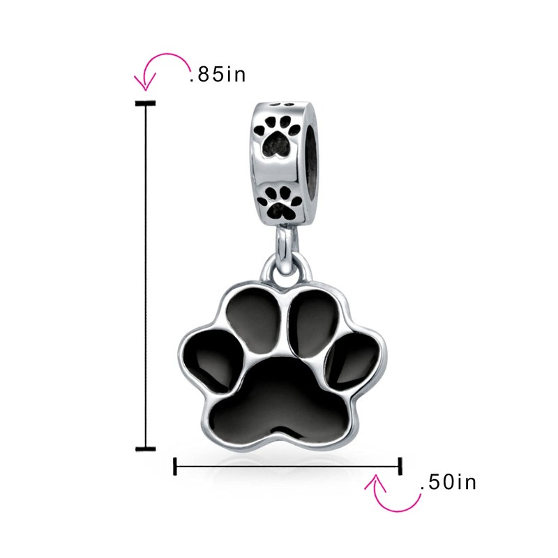 925 Silver Black Enamel Dog Paw Animal Dangle Bead Charm