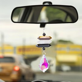 UHANBUT Crystal Hanging Car Pendant, Handmade Stones Car Rear View Mirror Charm, Cute Boho Dangling Drop Ornament, Protection Energy Auto Decoration Accessories for Women Men (White/Black)