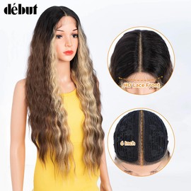 DÉBUT Lace Front Wigs 30 inches Water Wave Super Long Wigs 5% Brazilian Human Hair and 95% Heat Resistant Synthetic Wig 240g 6 inches Lace Parting (LACE 30", Brown Mix Blonde)