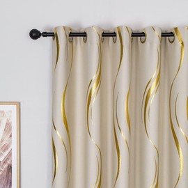 MYRU 2 Panels Set Foil Print Striped Curtains for Living Room Bedroom (Beige and Gold, 2 Panels 54 x 90 Inch)