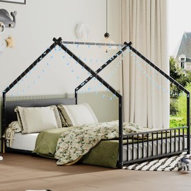 House Platform Bed Full Size, Full Size House Bed with RGB LED Light, Full Bed with Headboard and Footboard, Full Size Bed with Black