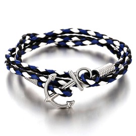 COOLSTEELANDBEYOND Mens Three-Lap Marine Anchor Wrap Bracelet Wristband with Blue White Nautical Sailor Leather Straps