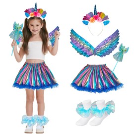 WBZOTSS Girls Unicorn Princess Dress Up Set, 5 Pieces, Tutu Skirt with Wings, Wand, Headband, Socks (Color C, 5-8 years old)