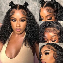BELIANA Glueless Wigs Human Hair pre plucked Pre Cut Short Curly Bob Lace Front Wigs for Black Women 5x5 Lace Closure Glueless Wig with Elastic Band for Beginners 10 Inch