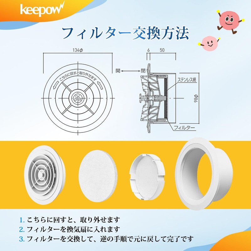 KEEPOW 6 Piece Ventilation Vent Filter (Diameter 3.1 inches (80