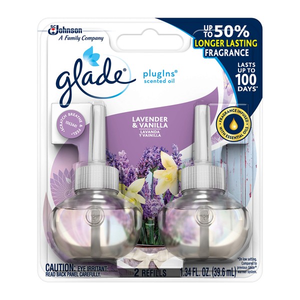 Glade PlugIns Scented Oil Refill Lavender & Vanilla, Essential Oil Infused Wall Plug In, Up to 100 Days of Continuous Fragrance, 1.34 oz, Pack of 2