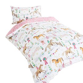 Childrens boys girls single bed duvet set horse show jockey horses bedding quilt cover set white daisy flowers pink racing horse