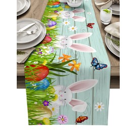 Easter Table Runner 36 inches Long Eggs Rabbit Teal Wood for Table Decoration Coffee Table Runner for Kitchen/Dining Runners for Party Home Decor 13x36in
