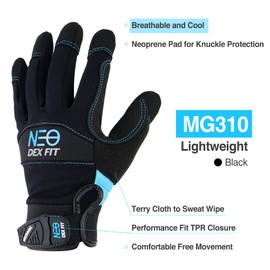 DEX FIT Mechanic Gloves MG310 Lightweight, Durable PU Reinforcements, Firm Grip, Stretch Comfort Fit, Touchscreen Compatible, Thin and Breathable, Washable, Black (XL) 1 Pair
