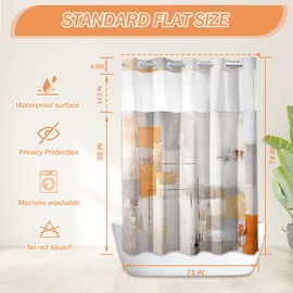 Hookless Shower Curtain with Snap in Liner, Orange Grey No Hook Shower Curtain with Liner Set, Watercolor Bathroom Curtain with Liner and See Through Top Window Bathroom Decor Set 71x74 Inches
